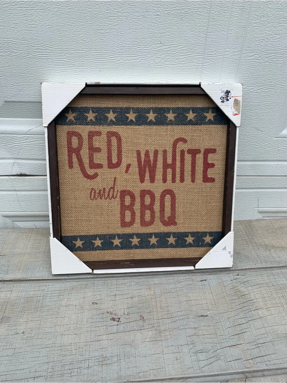 Red White and BBQ Wood Framed Sign Rustic Burlap Patriotic Americana Wall Art